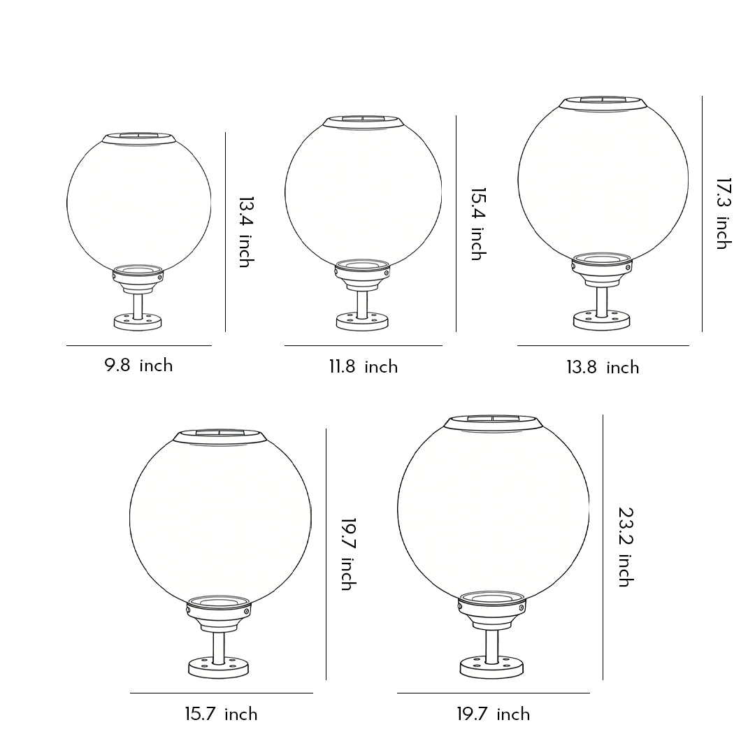 Dimension diagram of outdoor gate pillar lights showing various sizes for installation reference and planning.