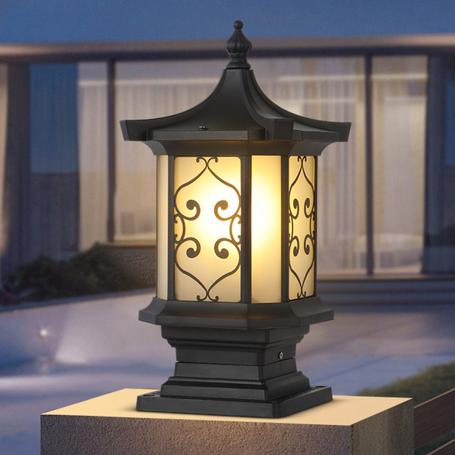 Outdoor gate pillar lights with a classic design, providing elegant lighting for a garden gate.