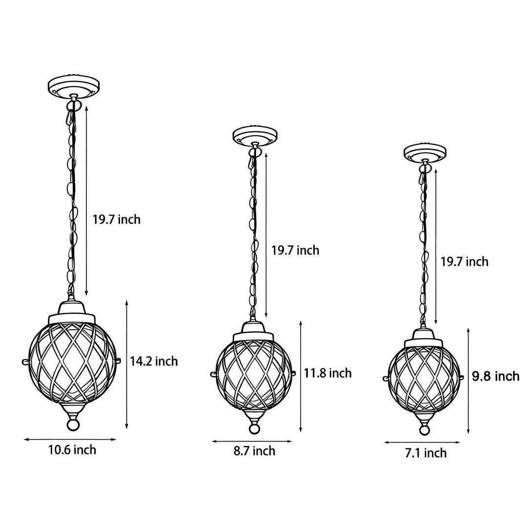 Outdoor globe pendant light size diagram showing multiple hanging height options.