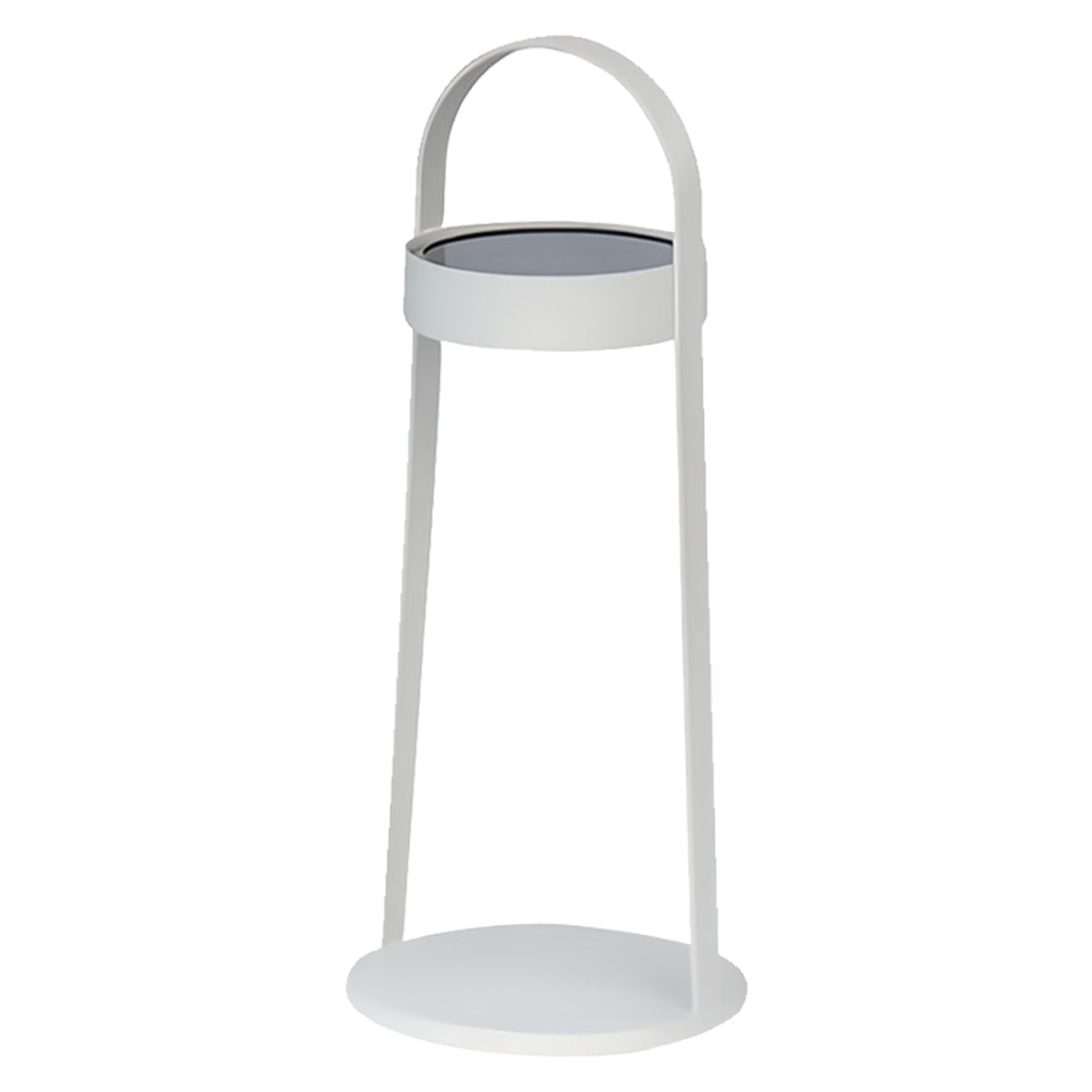 White minimalist outdoor landscaping lighting lantern with tall narrow body.