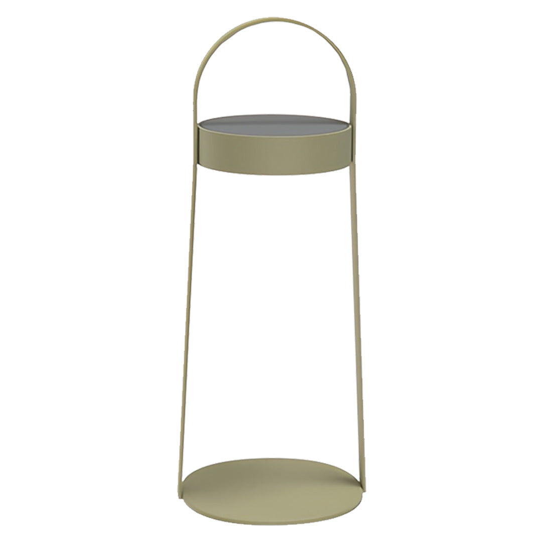 Olive outdoor landscaping lighting lantern with durable cylindrical housing.