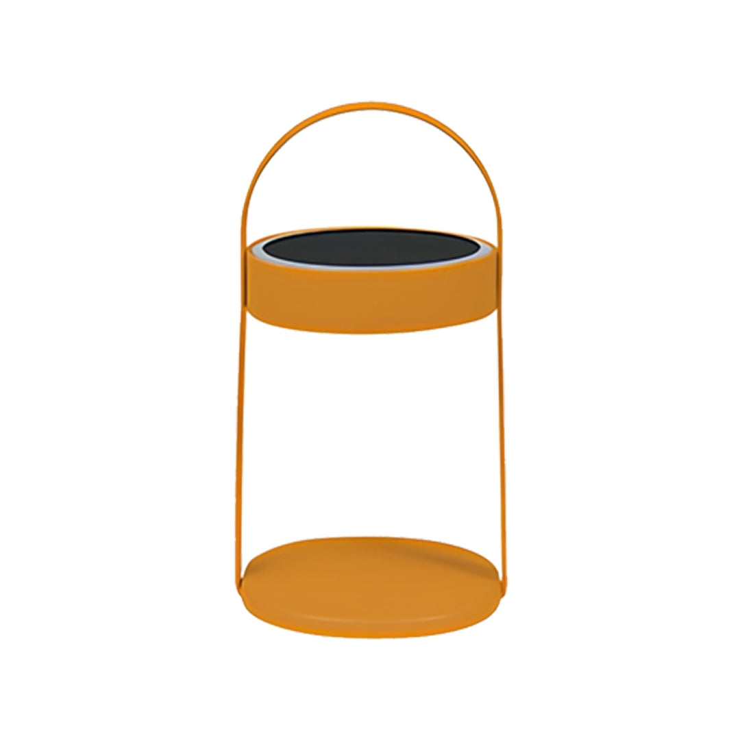 Orange compact outdoor landscaping lighting lantern with smooth cylindrical shape.