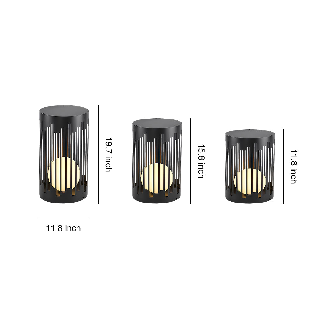Outdoor lantern light with glass shade chandelier inspired design showing three sizes in cylindrical form with vertical slatted pattern.
