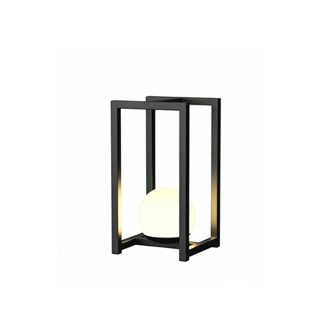Modern outdoor lanterns black fixture featuring a square open-frame structure with warm illumination.