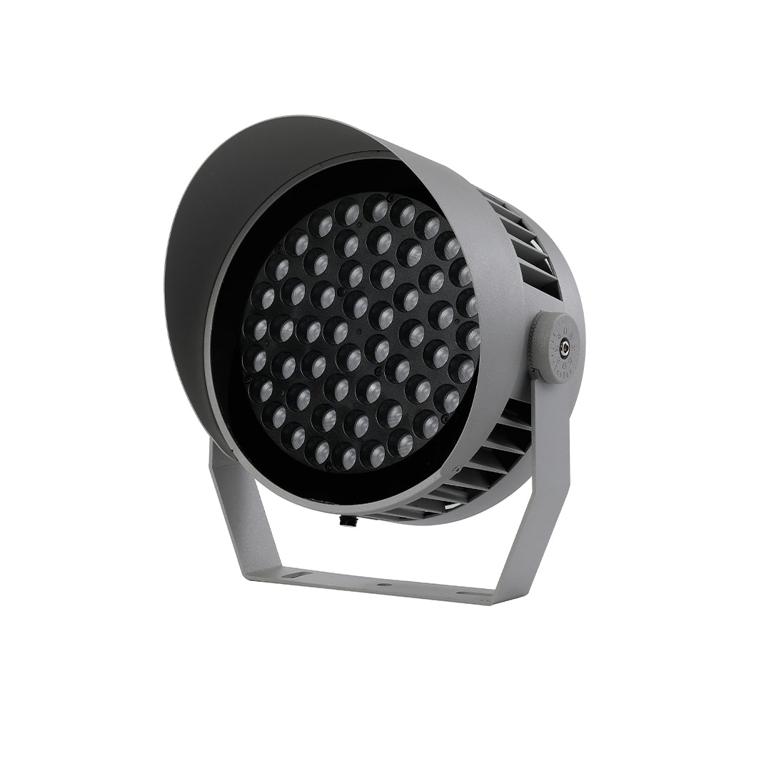 Angled view of outdoor LED garden spotlight showing LED lens configuration and heat dissipation fins