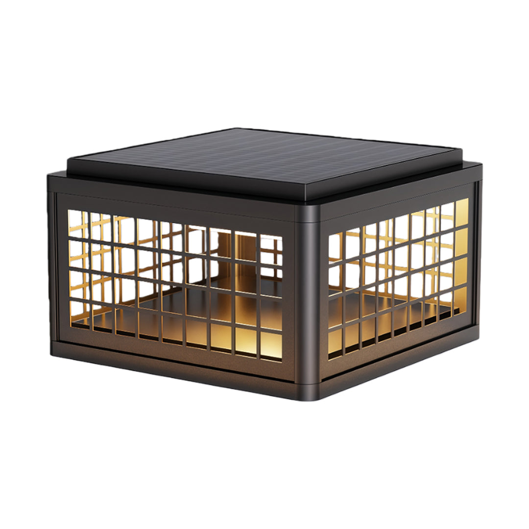 Outdoor LED pillar light featuring a black square design with a grid pattern and warm light.