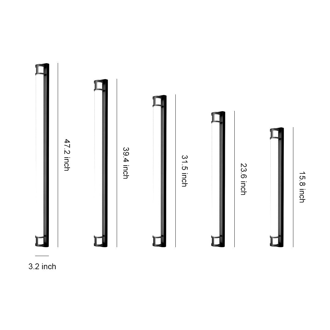 Outdoor led wall sconce lighting specification diagram showing five size options
