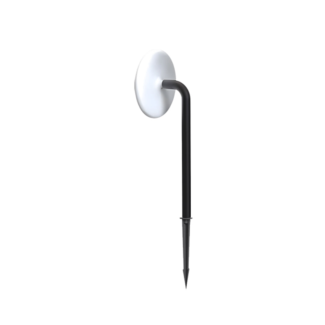 Contemporary outdoor lighting path lights featuring a slim pole and angled lamp head on white background.