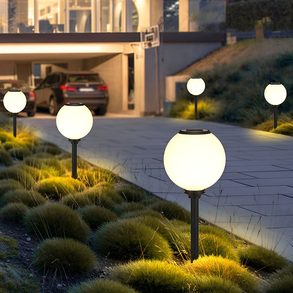 Outdoor path light globe with close-up of its sleek design and light output.