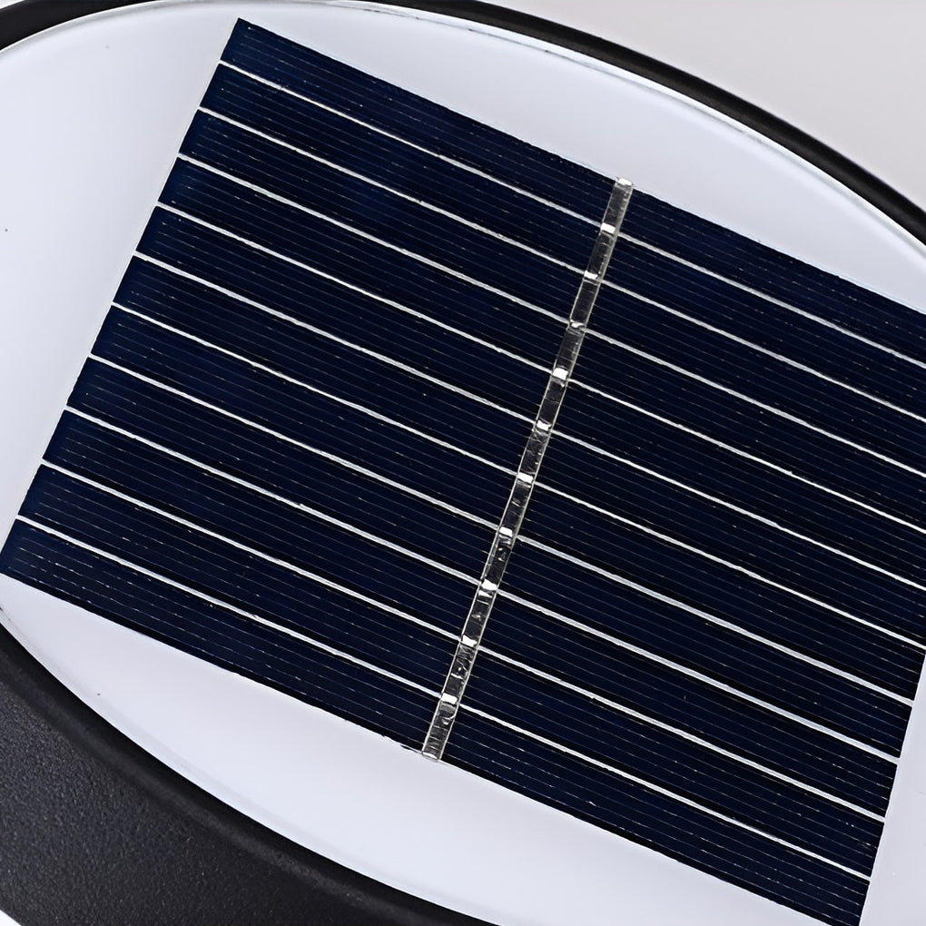 Outdoor path light globe with top view highlighting the solar panel.