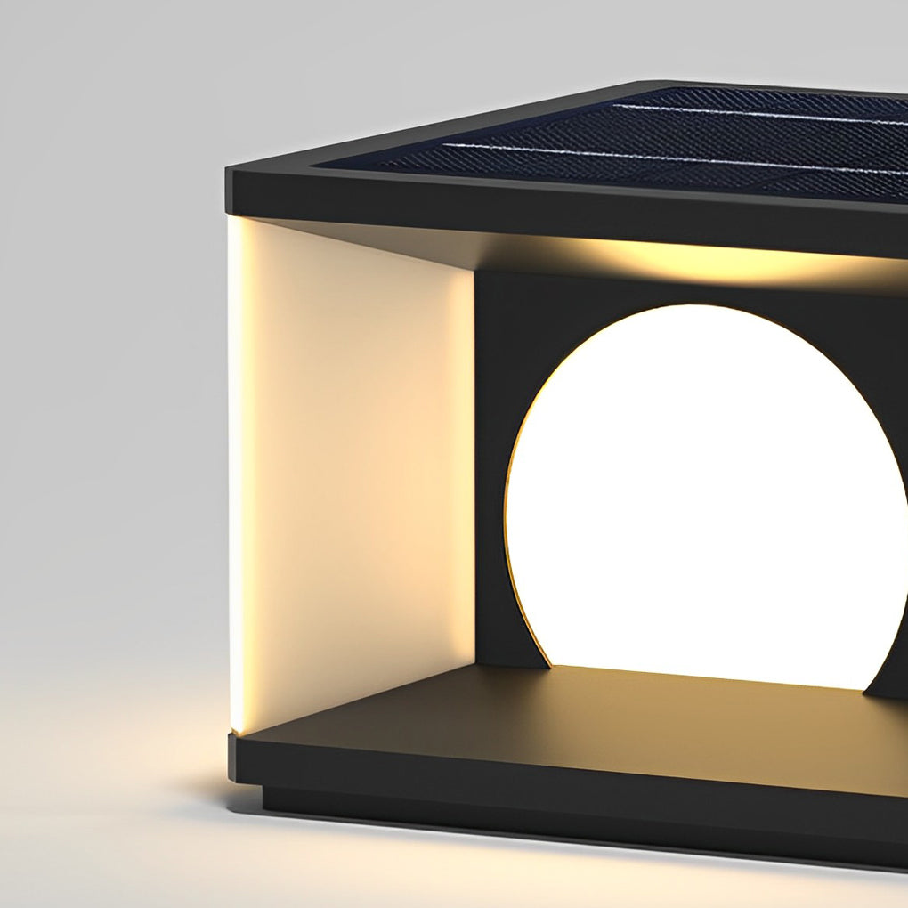 Outdoor pillar light with detailed view of its solar panel and structure.