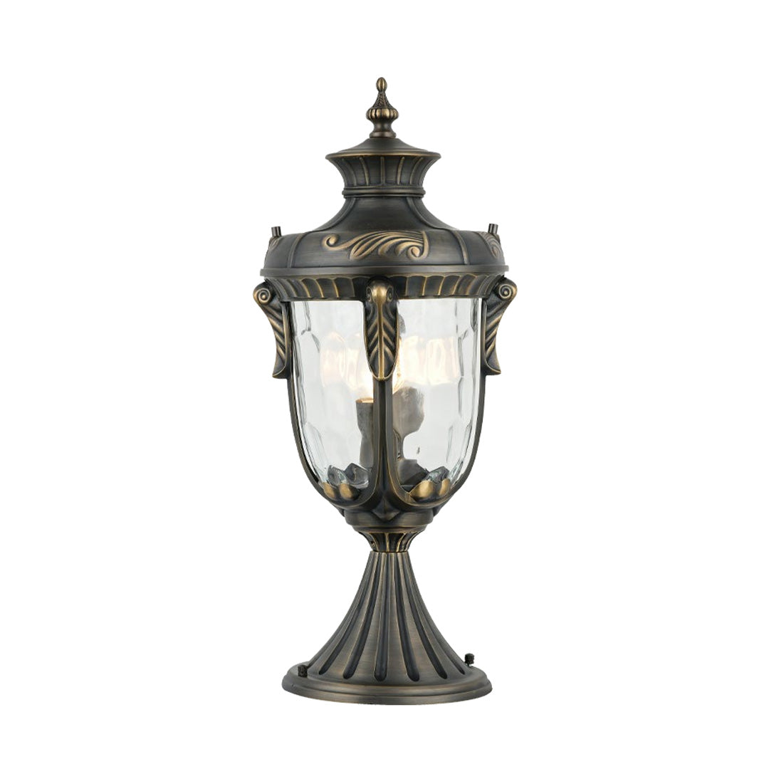 Outdoor pillar lights for house with a vintage design, adding charm to the entrance pathway.