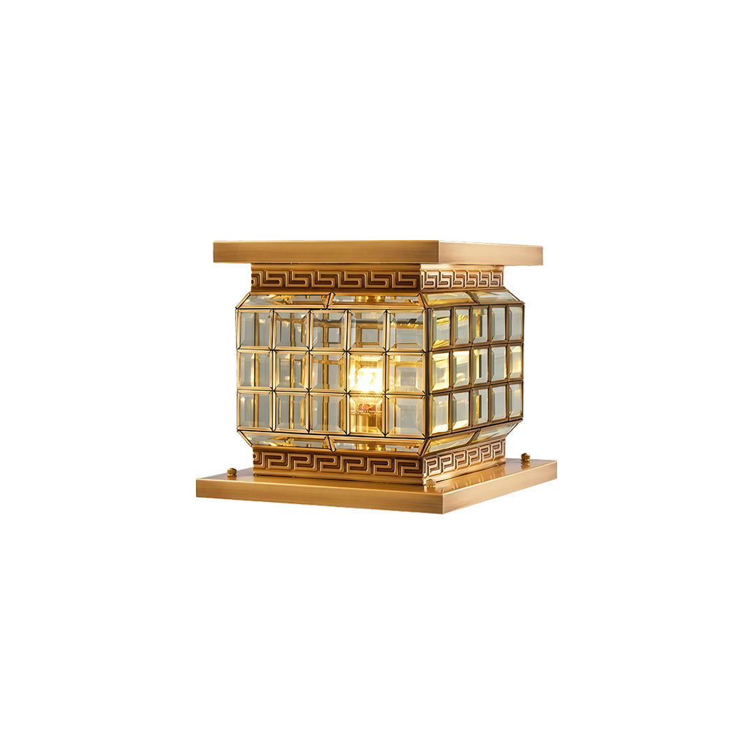Contemporary outdoor pillar lights solar with square frame and decorative metallic accents.