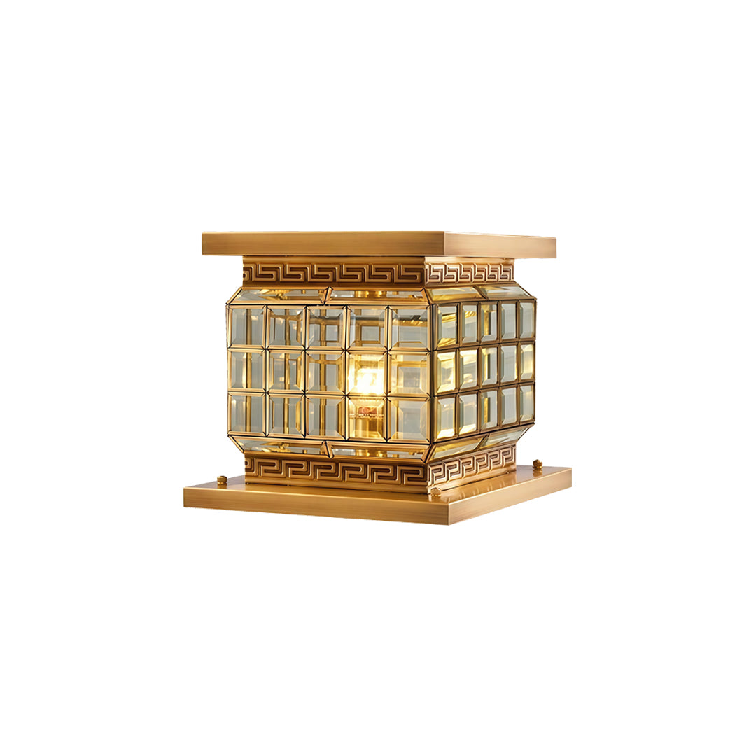 Outdoor pillar lights solar with decorative Greek key trim and glowing crystal glass panels.