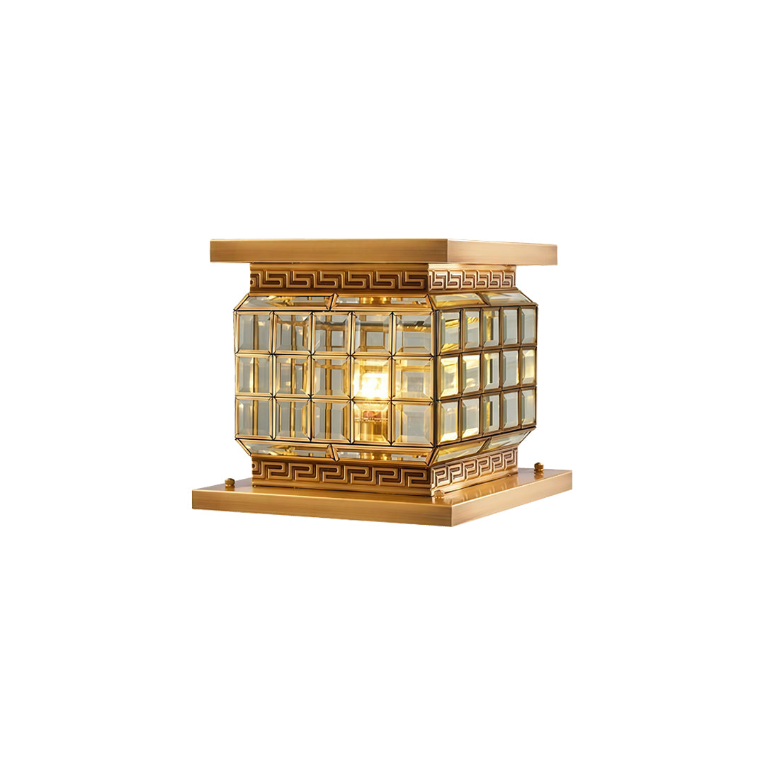Stylish outdoor pillar lights solar featuring modern cube lantern design with warm internal lighting.