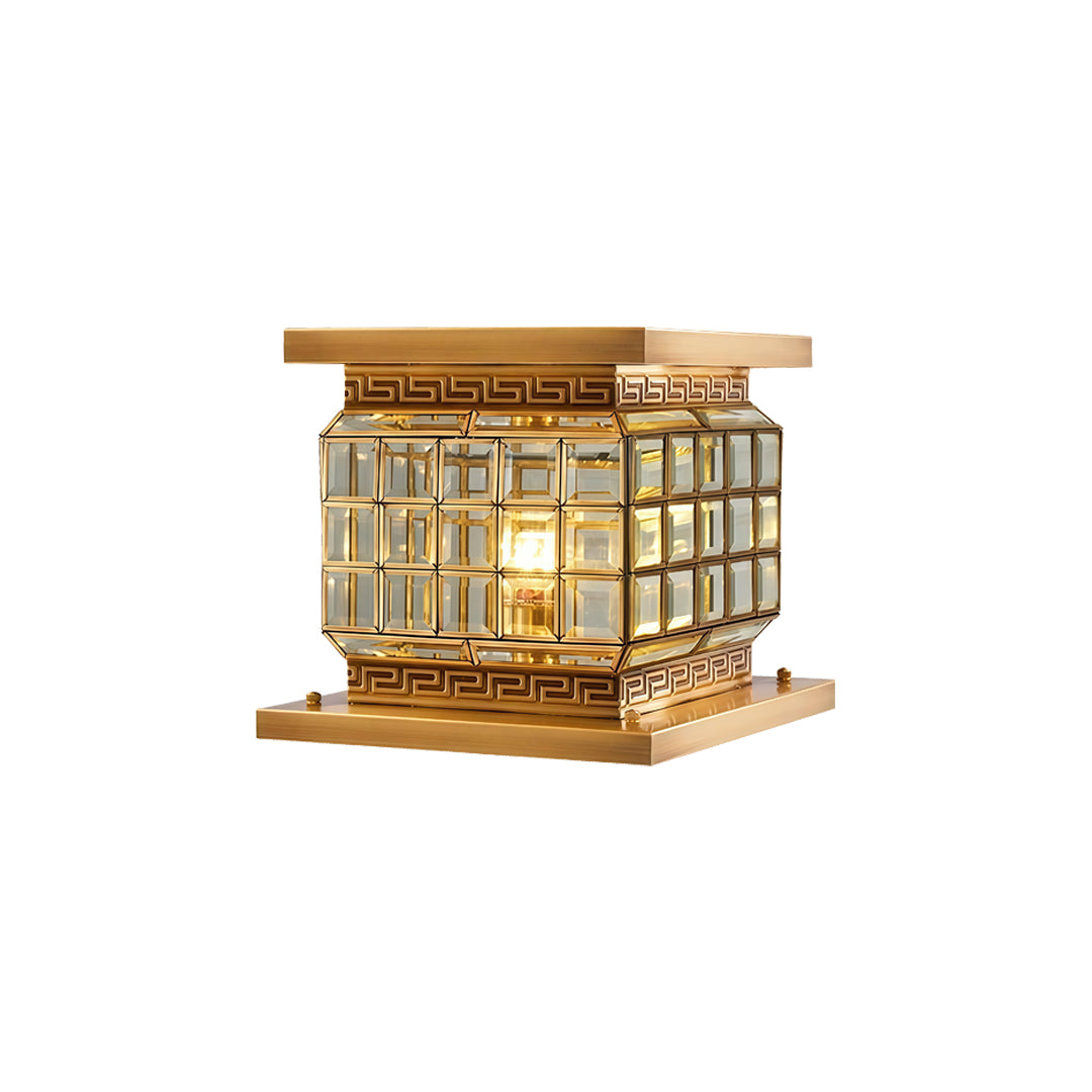 Modern outdoor pillar lights solar featuring square crystal glass design and warm LED illumination.