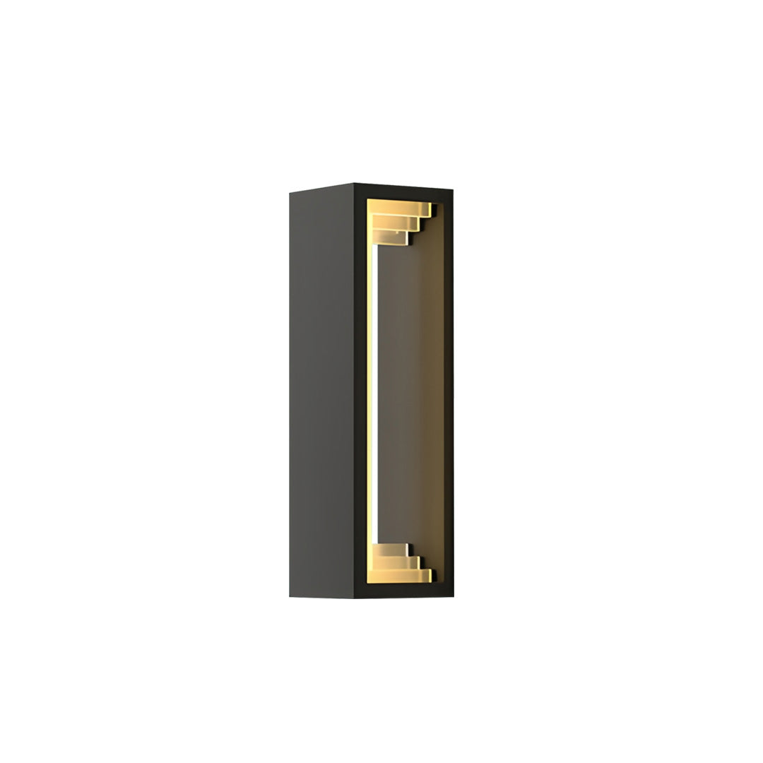Compact outdoor sconce modern fixture with vertical rectangular shape and warm gold interior on a plain background.