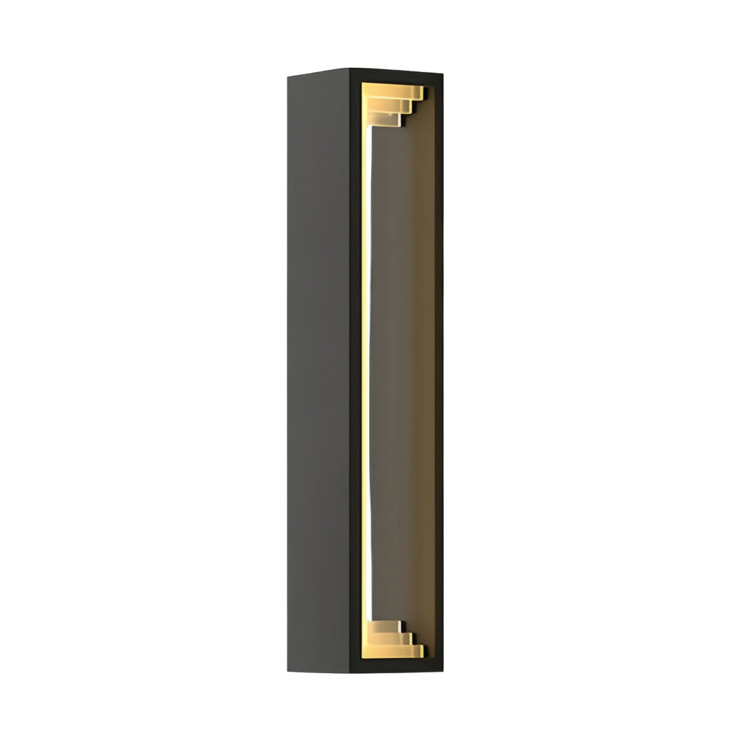 Tall outdoor sconce modern lighting fixture with a slim elongated frame and warm interior accent.