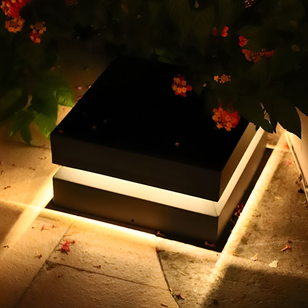 Outdoor solar lights deck with contemporary design, mounted on stone pillars near pool.