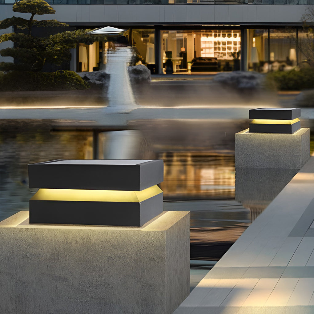 Outdoor solar lights deck with minimalist design, installed along garden steps.