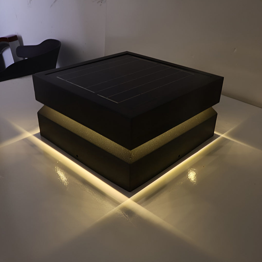 Outdoor solar lights deck with modern design, illuminating pathway near plants.