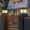 Modern outdoor solar post light beside residential fence