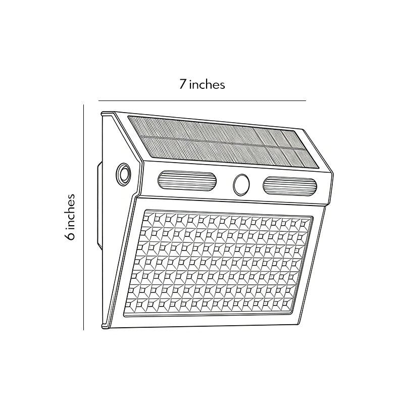 Line drawing of outdoor solar wall light with motion sensor dimensions, providing installation specifications.