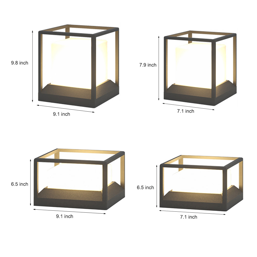 Outdoor stone pillar lights collection featuring modern cube and rectangular designs, perfect for elegant garden or pathway illumination.