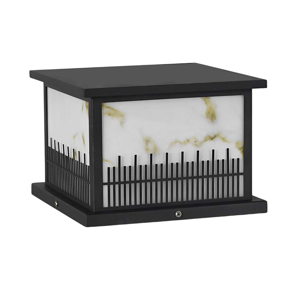 Outdoor stone pillar lights with a sleek black frame, standing out on a white surface.