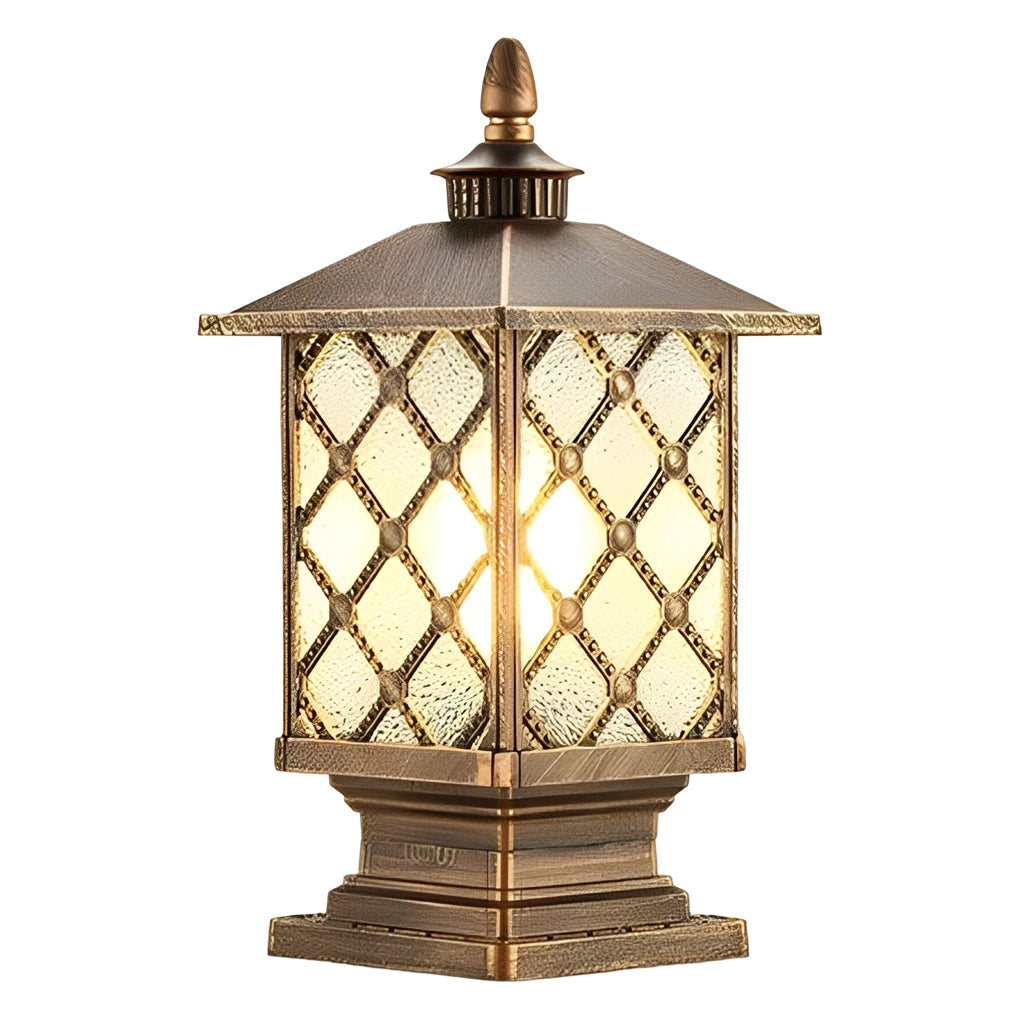 Outdoor street light pillar shown from front view with warm bulb lighting.