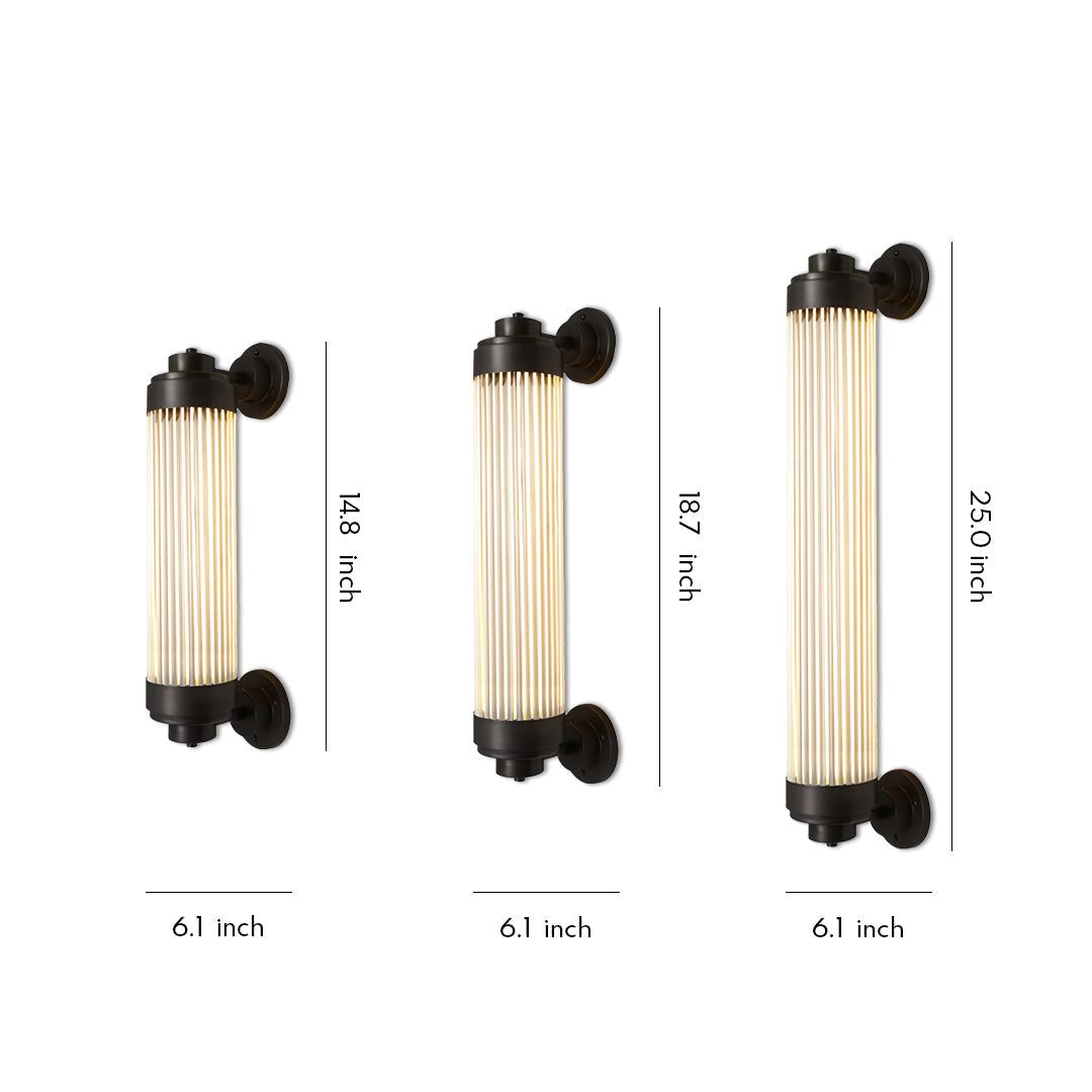 Slim vertical outdoor wall lighting LED fixture set in multiple sizes with minimalist black-and-gold design.
