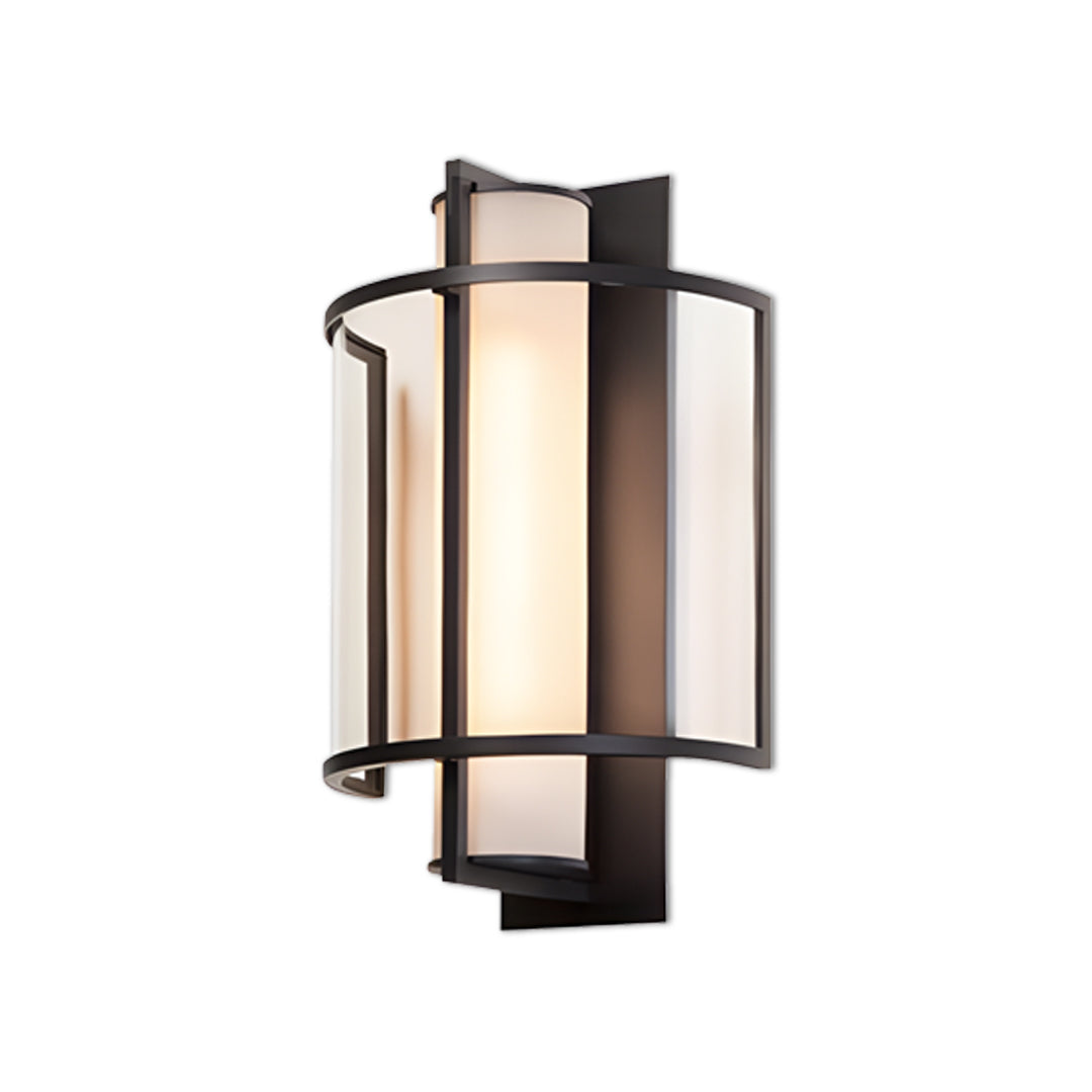 Modern outdoor wall mounted lighting with vertical frosted panel and dark metal structure shown on clean background.