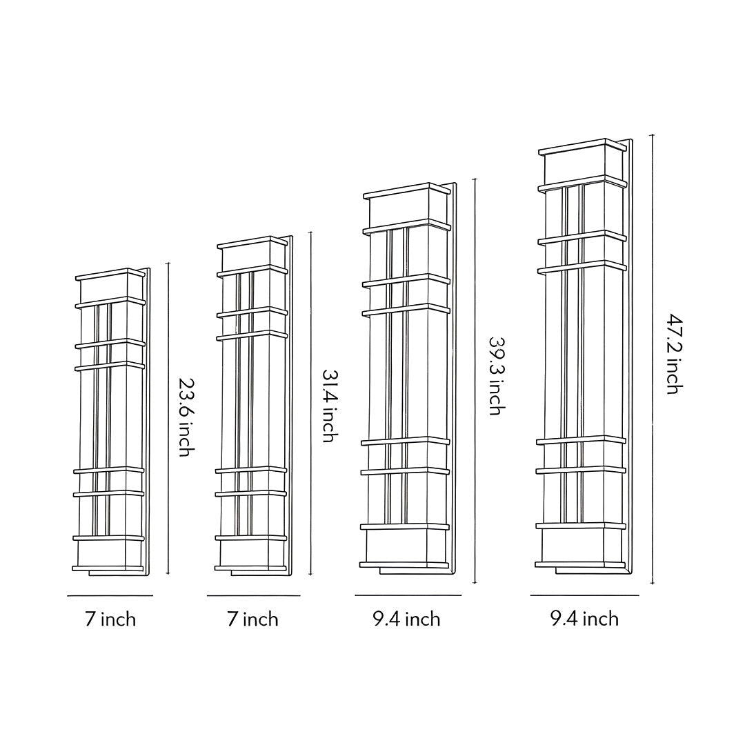 Dimension diagram of outdoor wall sconce black showing various sizes for installation reference.