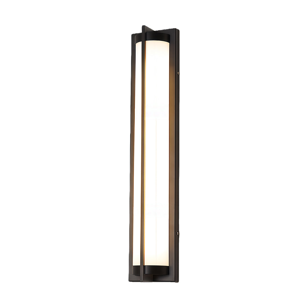 Front view of outdoor wall sconces black with a minimalist rectangular frame and frosted inner panel on a clean white background.