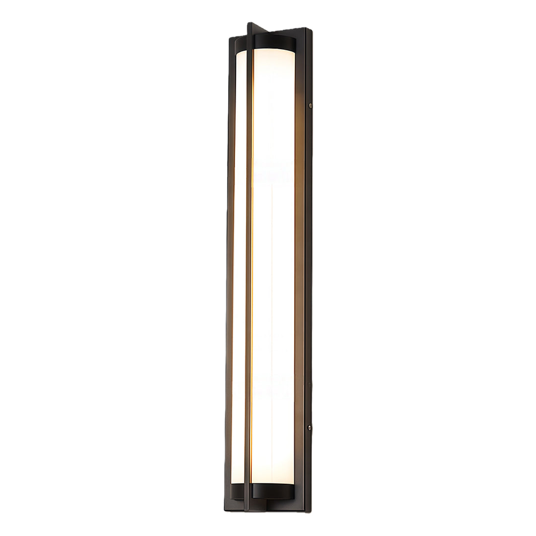Side angle product view of outdoor wall sconces black highlighting the slim metal frame and vertical light diffuser.