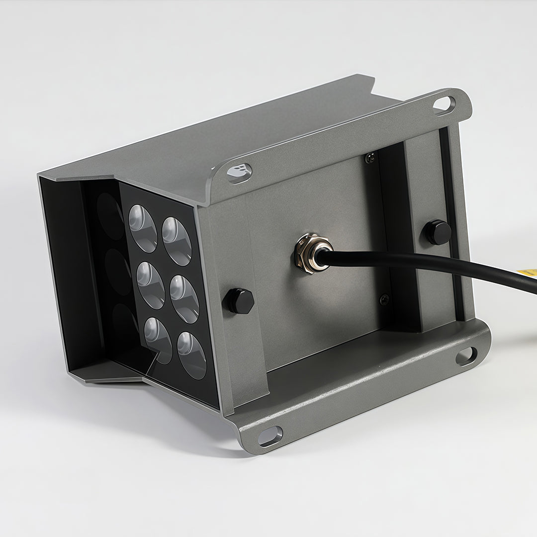 Close-up of aluminum top surface and glass lens detail of outdoor wall wash lights.