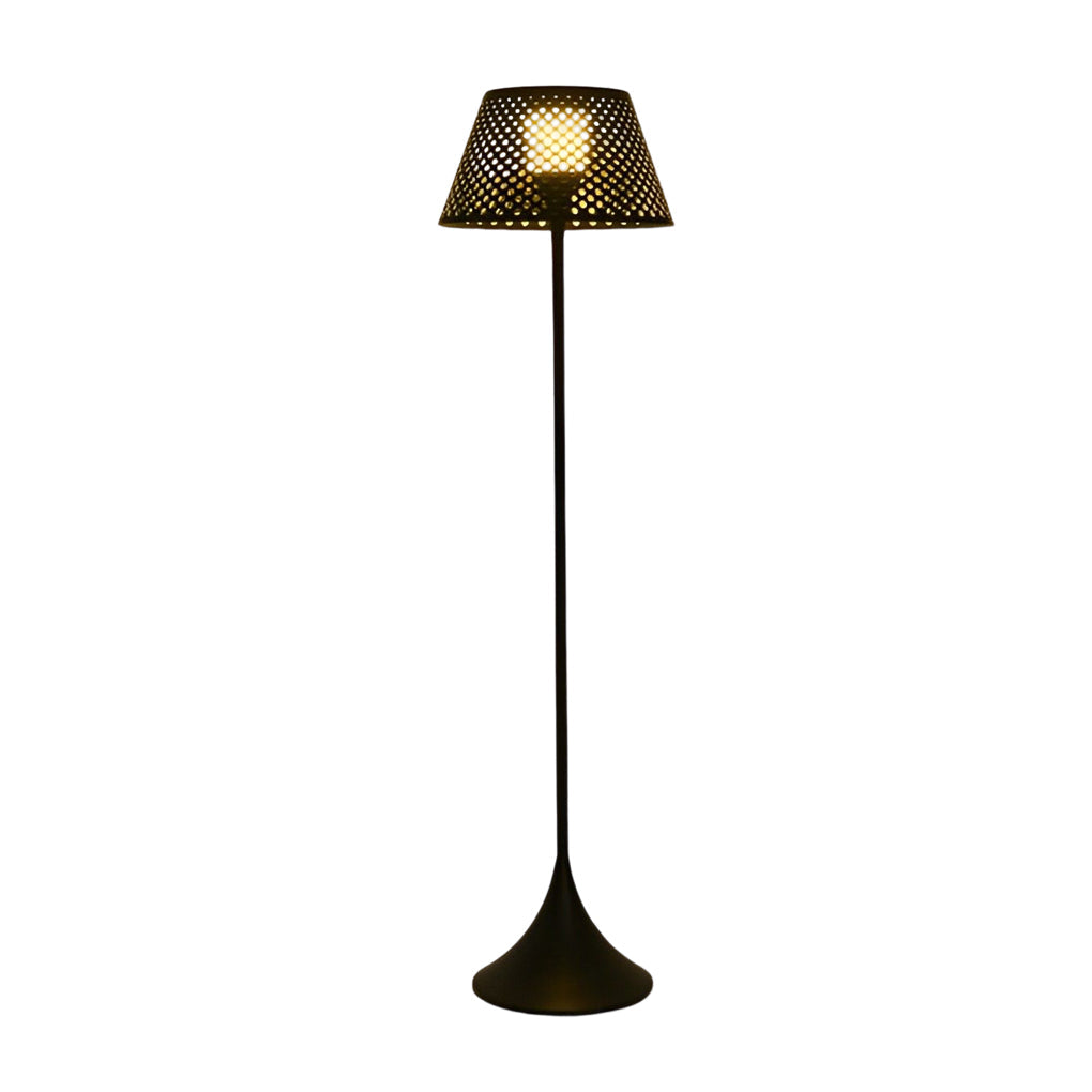 Outdoor waterproof floor lamps isolated in black finish, displaying slim profile and woven-style lamp shade.