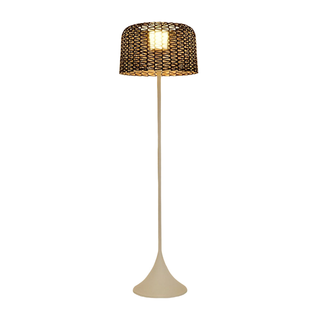 Outdoor waterproof floor lamps product image with warm woven shade, designed for outdoor patios and gardens.
