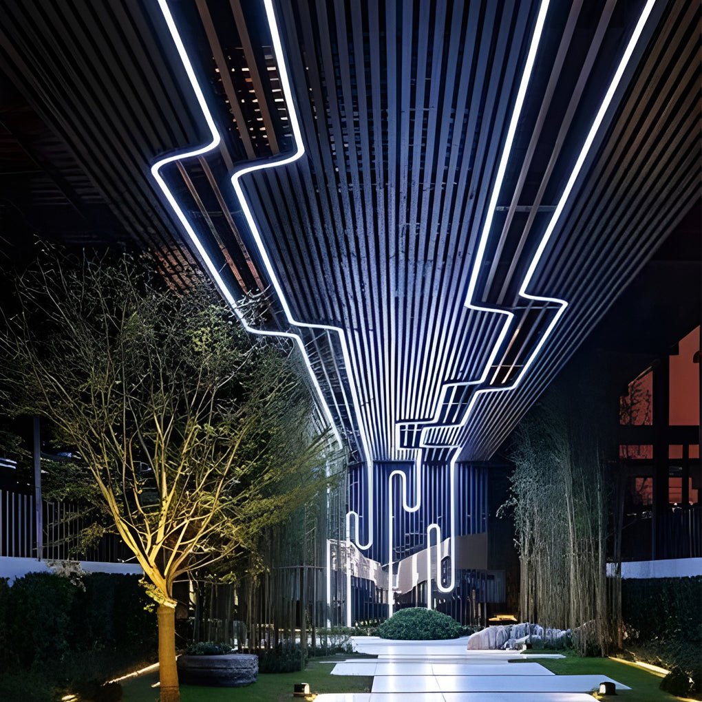 Outdoor waterproof LED strip lights highlighting architectural pathways at night