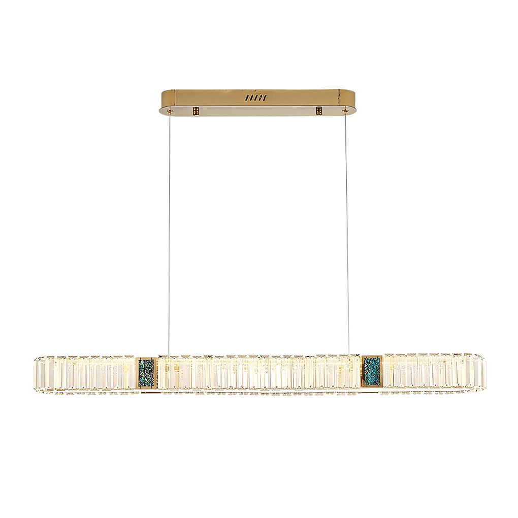 Oval crystal chandelier with a modern design, enhancing a stylish dining area.