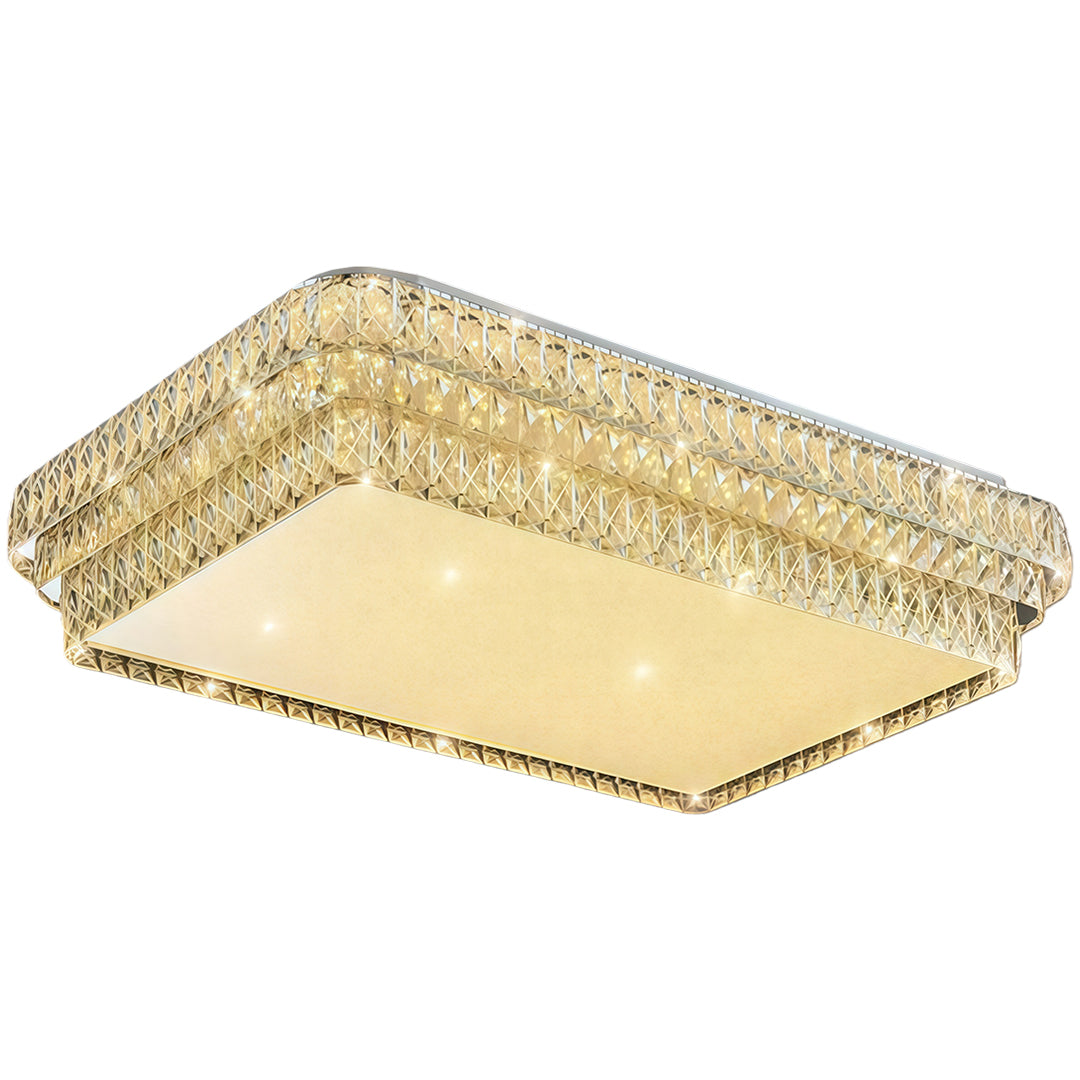 Oval flush mounted LED lights featuring glass shade chandelier design with crystal trim and soft ambient lighting capability.