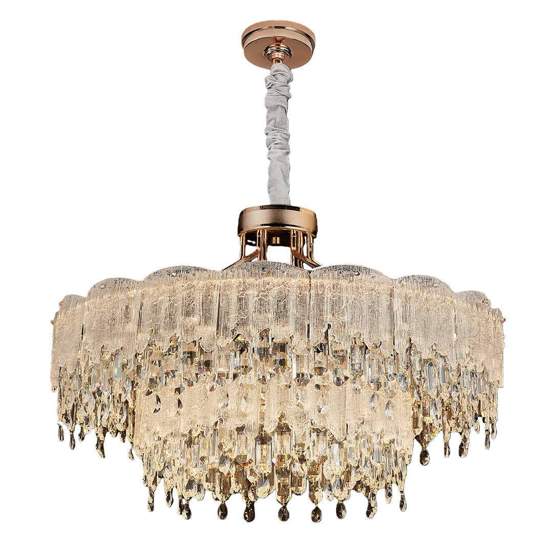 Gold oval glass fringe chandeliers with delicate glass pieces and metal frame.