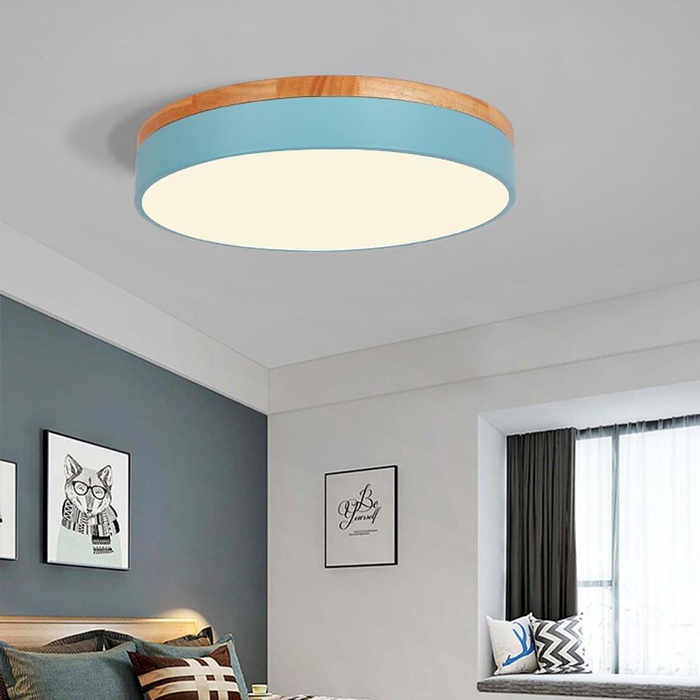 Circular Drum Flush Mount Light Metal Wood LED Bedroom Ceiling Lights for Baby Kids