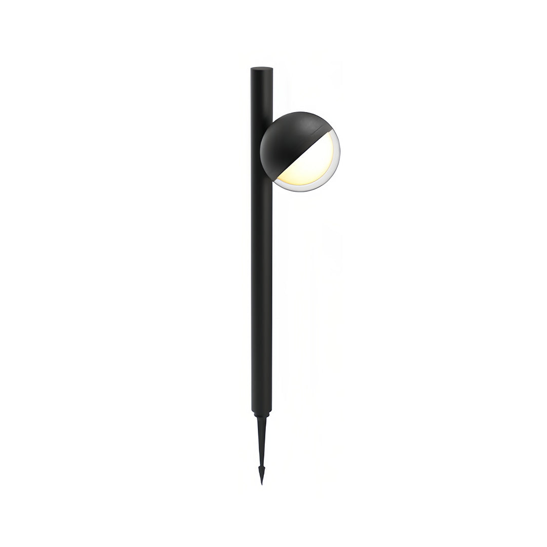 Pathway landscape lighting ground spike fixture with angled spherical head providing downward illumination