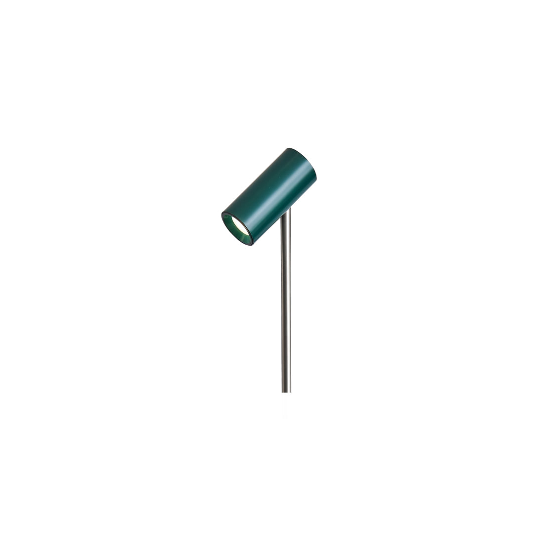 A sleek rectangular-head outdoor pathway light attached to a slim pole, offering focused illumination for pathway outdoor lighting setups.