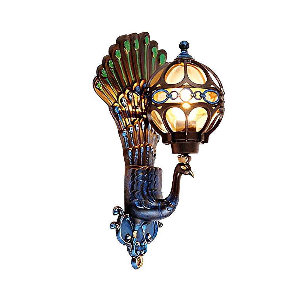 Full view of peacock wall light in blue finish on white background.