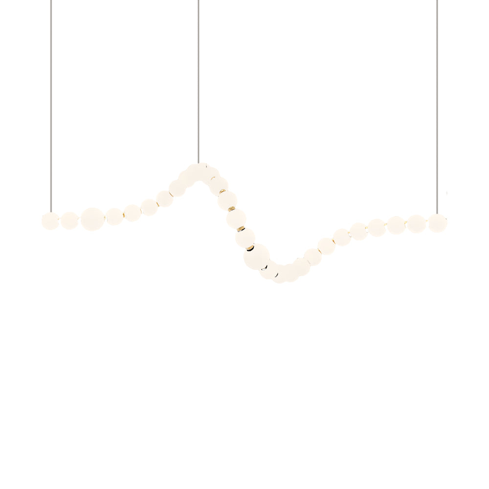 Pearl necklace light fixture with a white pearl design, hanging in a contemporary interior.