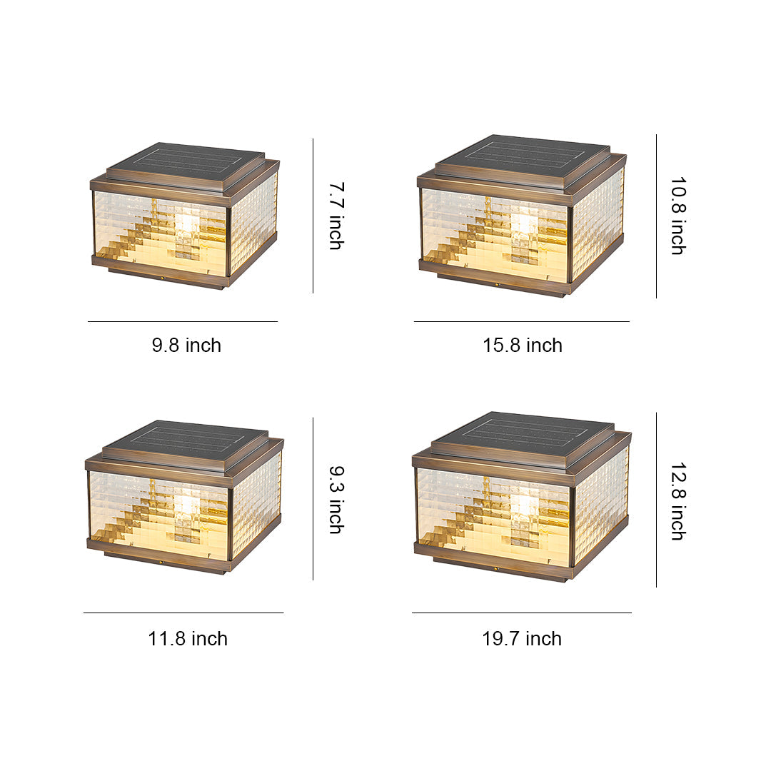 Pillar cap lights design reference displaying four square post lamps with horizontal striped glass pattern.