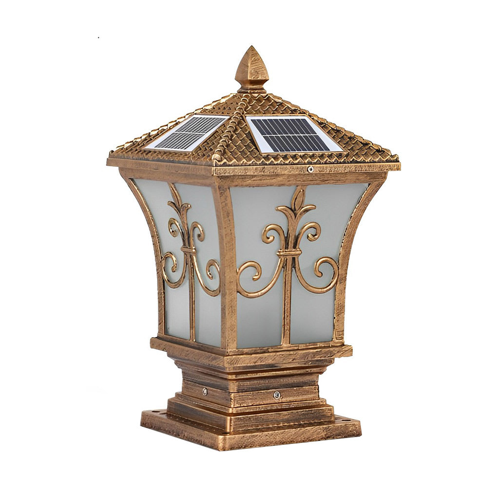 Pillar lantern lights with a detailed view of their base and mounting hardware.