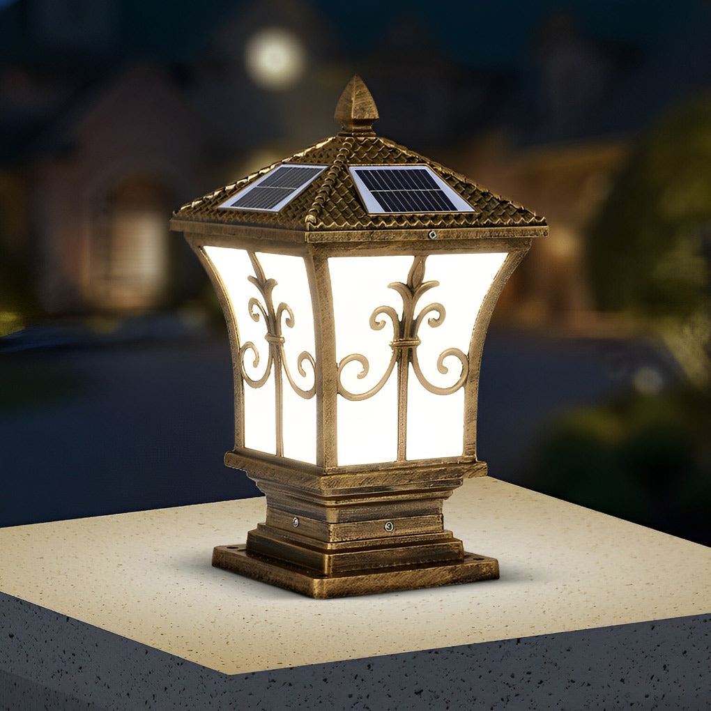 Pillar lantern lights with a classic bronze finish, providing elegant lighting for a driveway.